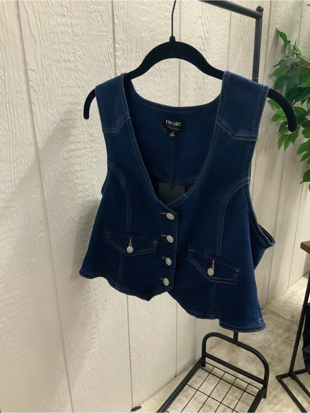 Nicole Navy Denim Button-Front Crop Vest